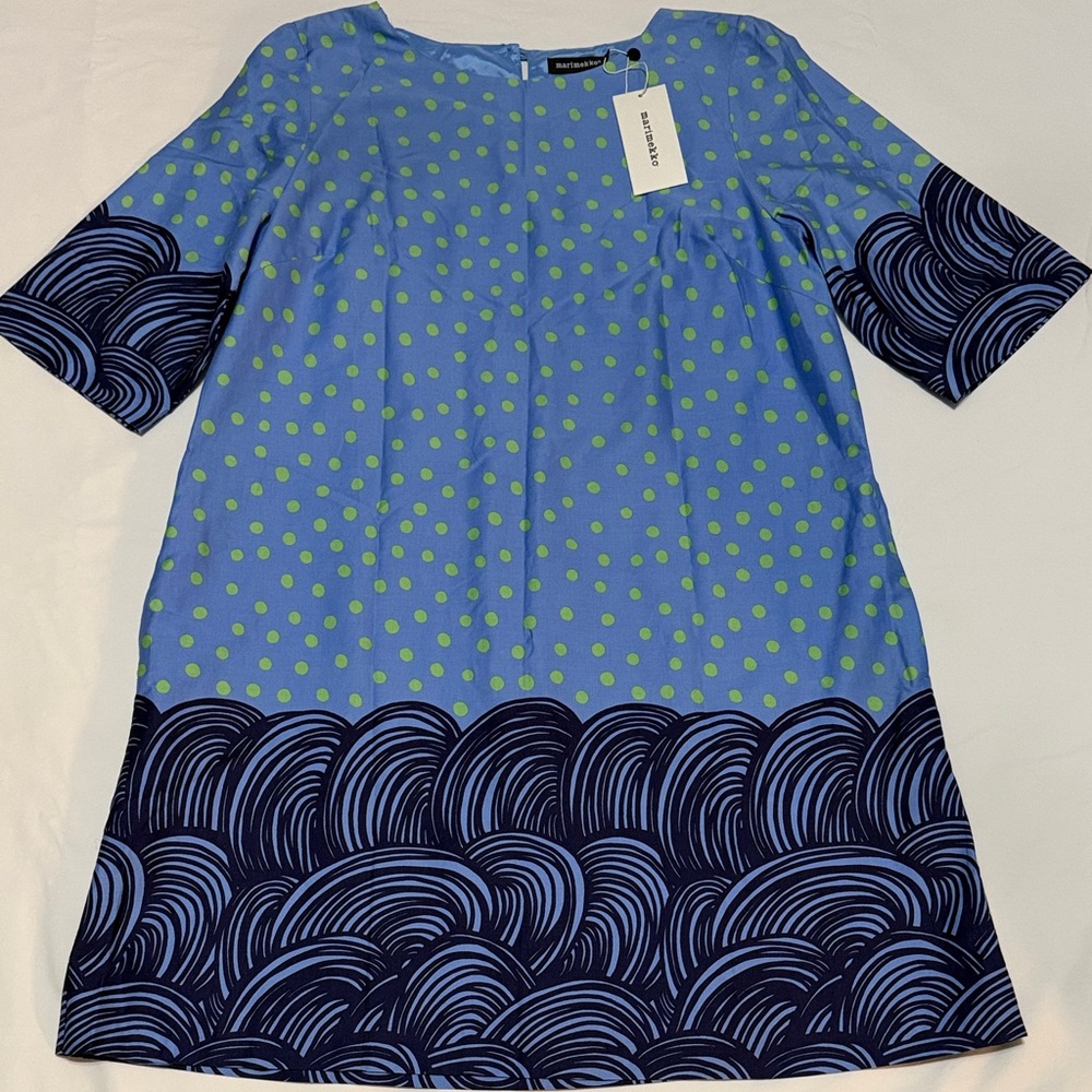 Marimekko Blue Uimahyppy Dress with Green Polka Dots & Navy Wave Trim M/L NWT